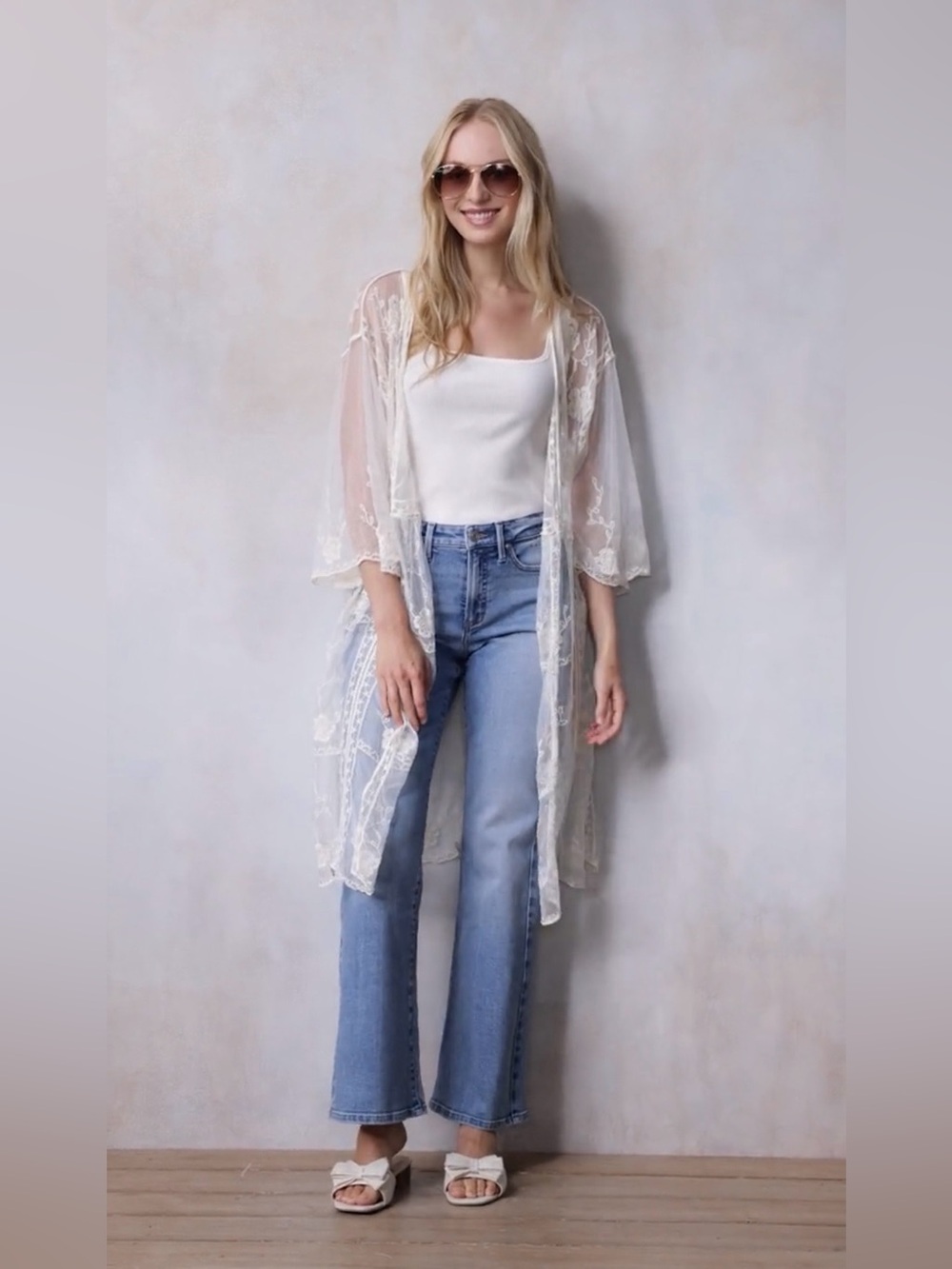Lauren Conrad Sheer Embroidered Ivory Kimono Duster